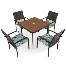 5 Pieces Patio Dining Set 4 Cushioned Rattan Armchairs & Square Table