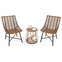 3 Pcs Outdoor Bistro Set with Pet House Metal Frame Patio Chairs w/ Coffee Table