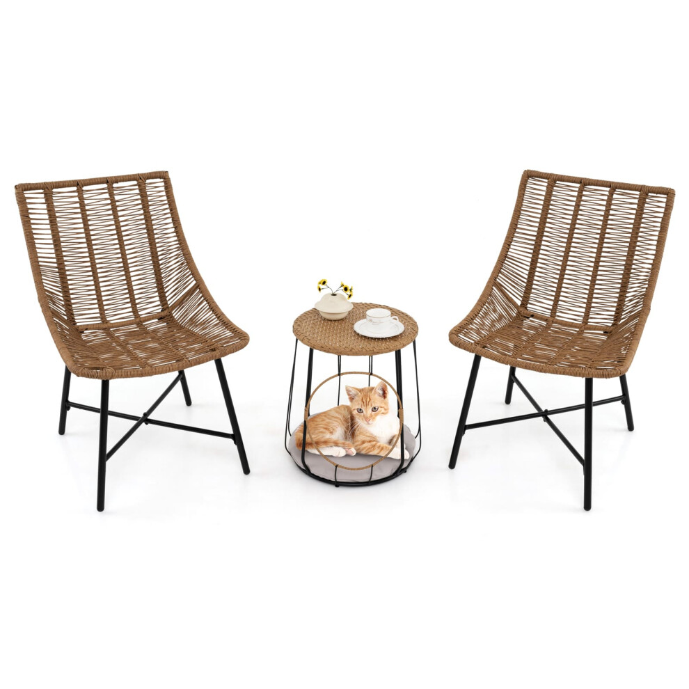3 Pcs Outdoor Bistro Set with Pet House Metal Frame Patio Chairs w/ Coffee Table