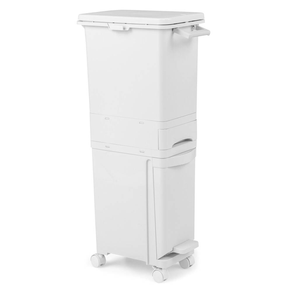 3 in 1 Plastic Step-on Trash Can Kitchen Garbage Bin w/ Wheels
