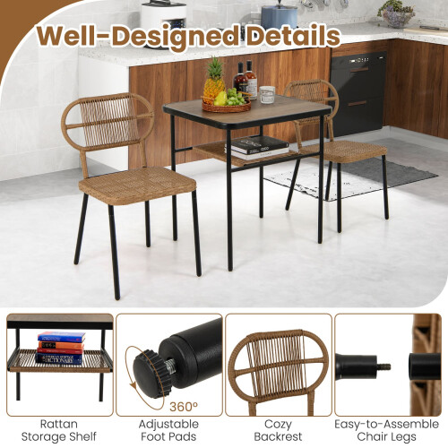 Costway 3 Piece Patio Dining Set 2 Varied-Size Stackable Rattan Chairs-Natural 2