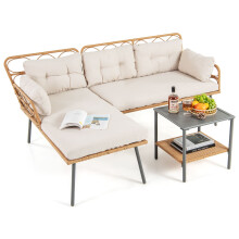 3 Pcs Corner Patio Furniture PE Rattan L-Shaped Cushioned Sofa Set-Beige