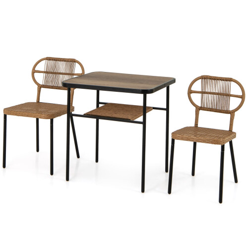 Costway 3 Piece Patio Dining Set 2 Varied-Size Stackable Rattan Chairs-Natural
