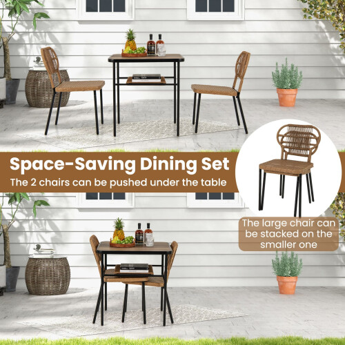 Costway 3 Piece Patio Dining Set 2 Varied-Size Stackable Rattan Chairs-Natural 1
