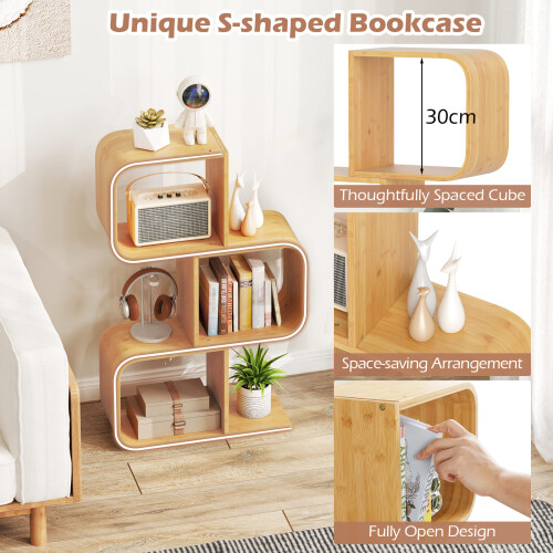 Costway 3-Tier S-Shaped Bookcase Bamboo Bookshelf w/ 3 Open Cubes-Natural 2