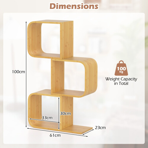 Costway 3-Tier S-Shaped Bookcase Bamboo Bookshelf w/ 3 Open Cubes-Natural 1