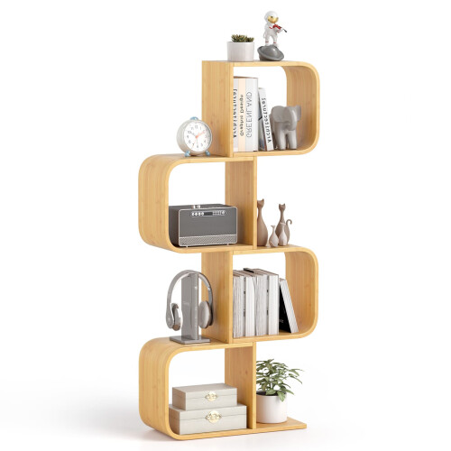 Costway 4-Tier S-Shaped Bookcase Bamboo Bookshelf w/ 4 Open Cubes-Natural