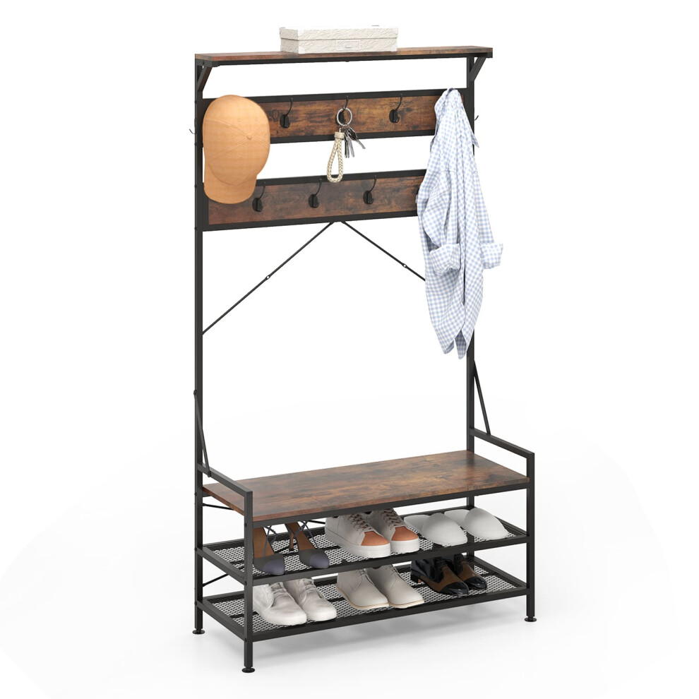 Coat Rack 184 cm Tall Hall Tree with 11 Hanging Hooks & Shoe Bench-Brown