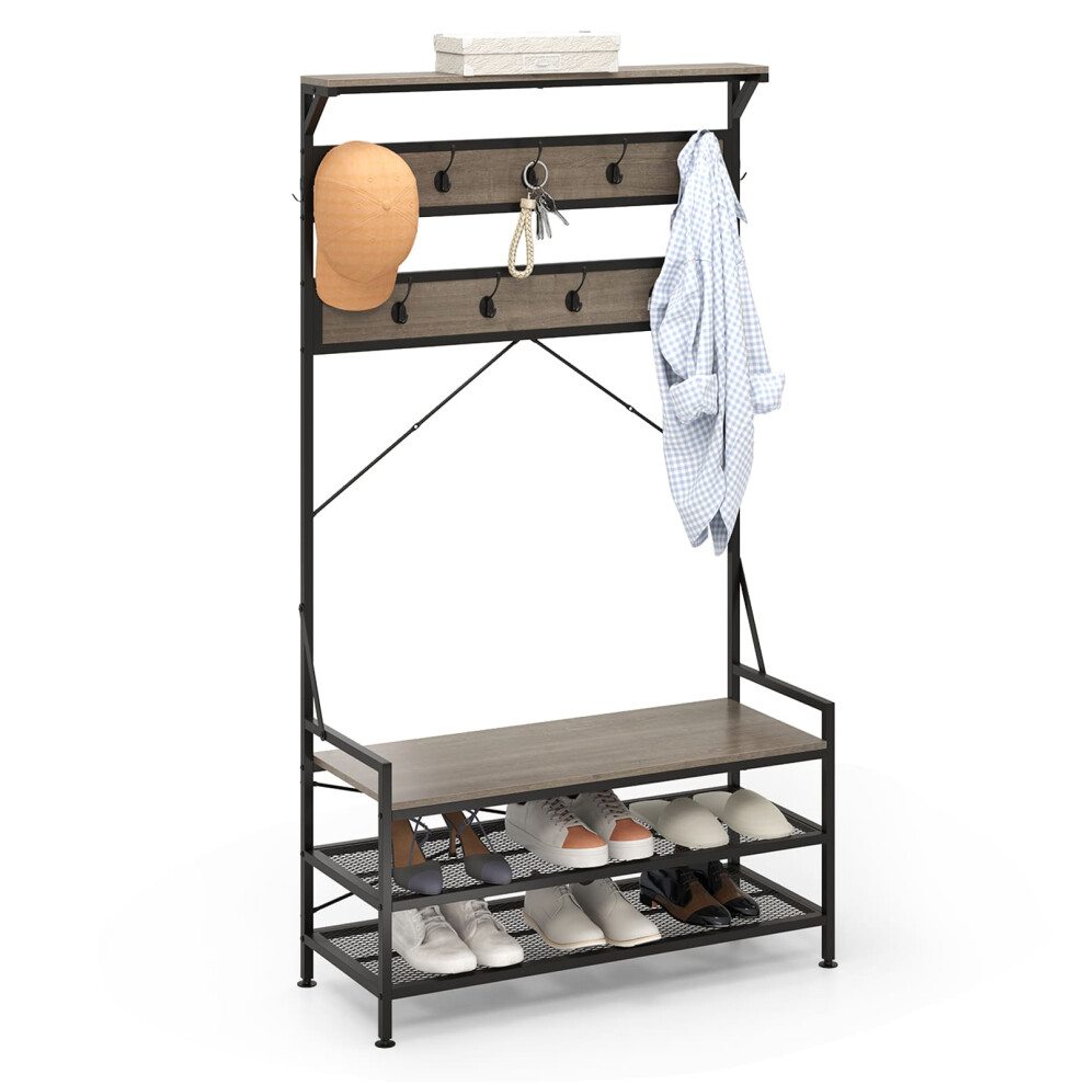 Coat Rack 184 cm Tall Hall Tree with 11 Hanging Hooks & Shoe Bench-Grey
