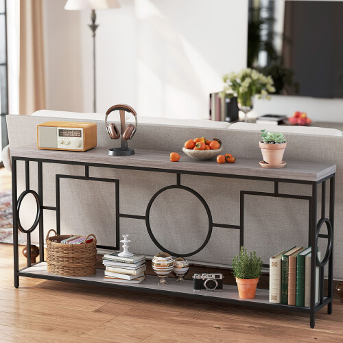 Costway 180cm Long Mid-Century Console Table Rustic Metal Frame Sofa Table 1