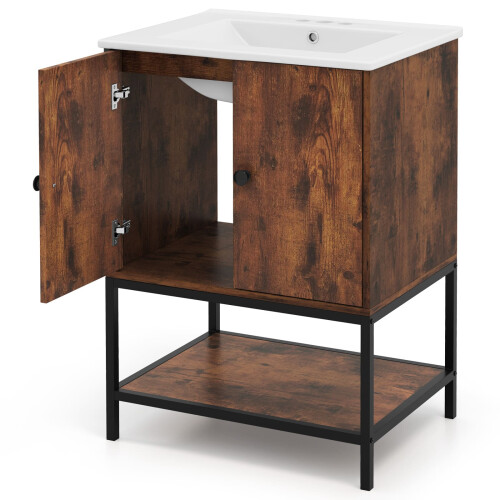 Costway Bathroom Vanity Unit with Basin Rustic Floor Basin Cupboard Ceramic Sink 2