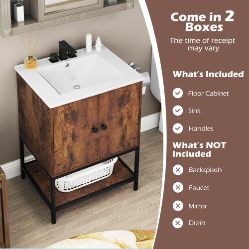 Costway Bathroom Vanity Unit with Basin Rustic Floor Basin Cupboard Ceramic Sink 1