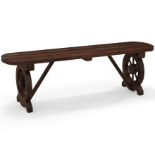 2-Seat Garden Curved Bench Carbonized Wood Dining Bench w/ Wagon Wheel Base