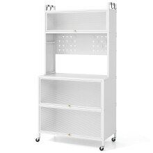 5-Tier Kitchen Bakers Rack with Flip Door Cabinets - Multifunctional Microwave Stand, Wheels or Adjustable Feet, Anti-Topple Guardrails
