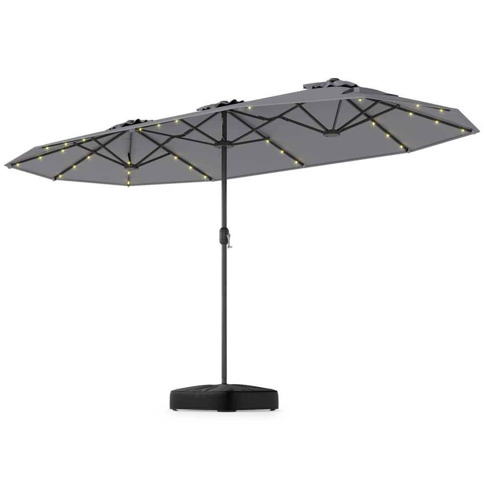 393 cm Double-Sided Patio Umbrella with Base & Solar Lights-Grey