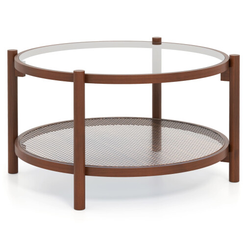 Costway 78cm Round Coffee Table Solid Wood Circle Table w/Tempered Glass Top 2