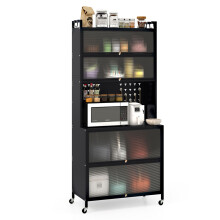 6-Tier Kitchen Pantry Cabinet Buffet Cabinet with Hutch & Hooks-Black