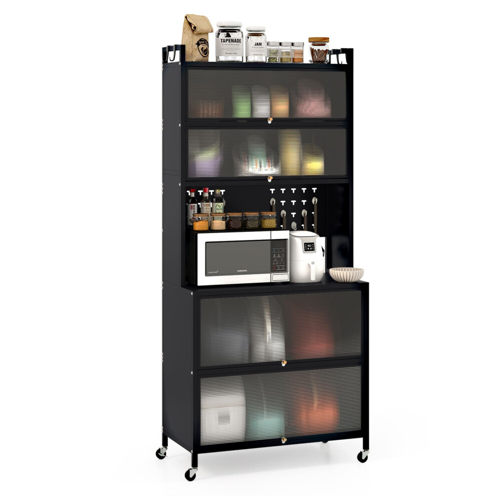6-Tier Kitchen Pantry Cabinet Buffet Cabinet with Hutch & Hooks-Black