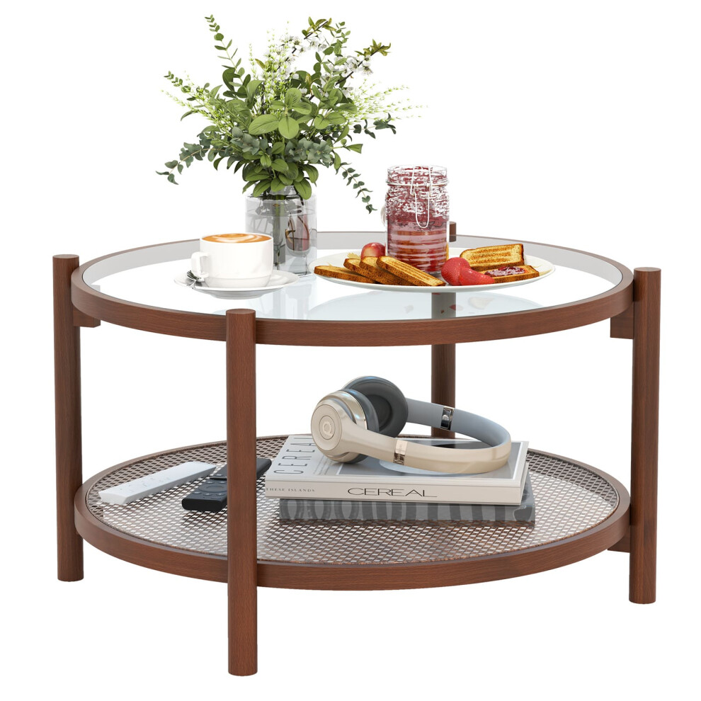 78cm Round Coffee Table Solid Wood Circle Table w/Tempered Glass Top
