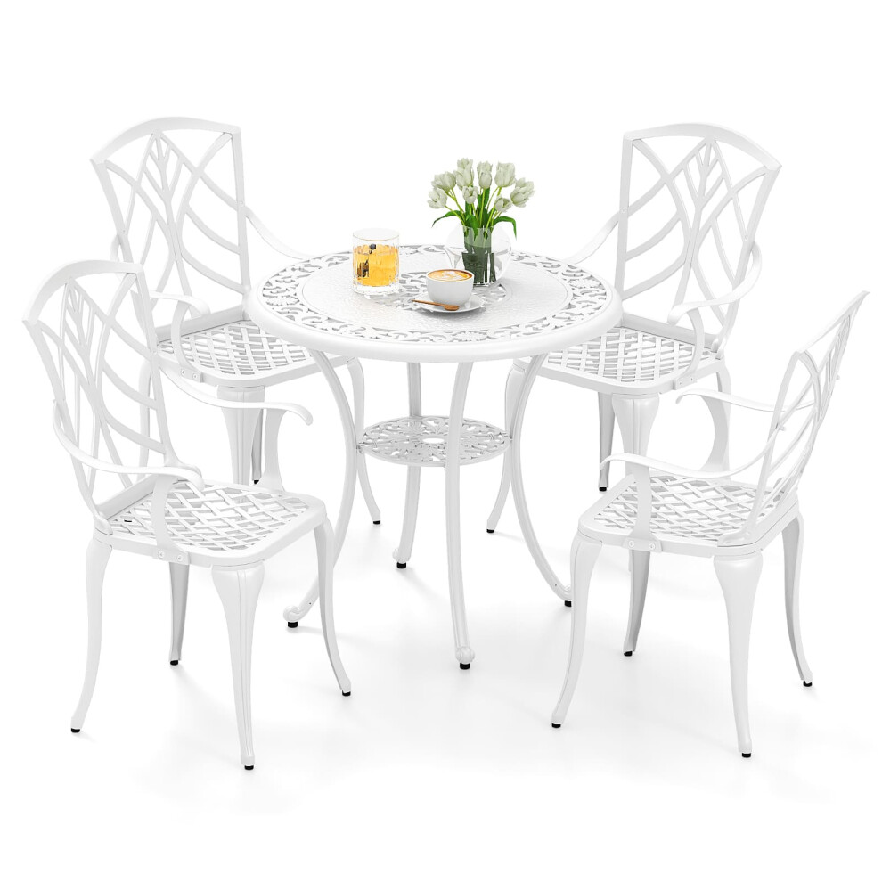 5 Piece Patio Cast Aluminum Dining Table & Chair Set Outdoor Bistro Set w/ Umbrella Hole