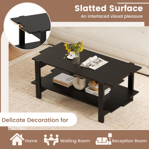 Costway 2-Tier Coffee Table Slatted Wood Center Table with Storage Shelf-Black 2