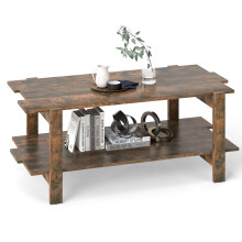 2-Tier Coffee Table Slatted Wood Center Table with Storage Shelf-Walnut