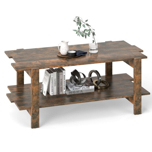 Costway 2-Tier Coffee Table Slatted Wood Center Table with Storage Shelf-Walnut
