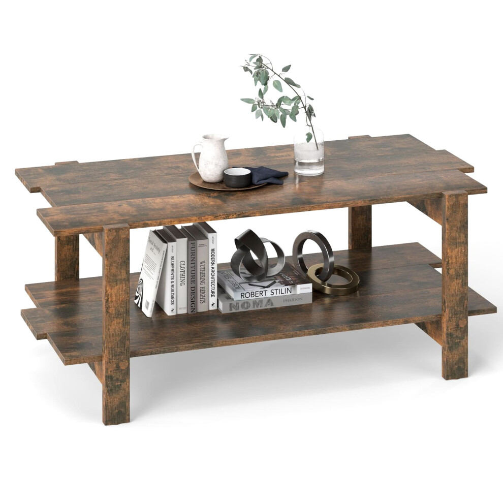 Costway 2-Tier Coffee Table Slatted Wood Center Table With Storage Shelf-Walnut
