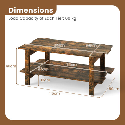 Costway 2-Tier Coffee Table Slatted Wood Center Table with Storage Shelf-Walnut 1