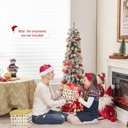 Costway 4 FT Pre-Lit Artificial Christmas Tree Snow-Flocked Slim Pencil Christmas Tree 2