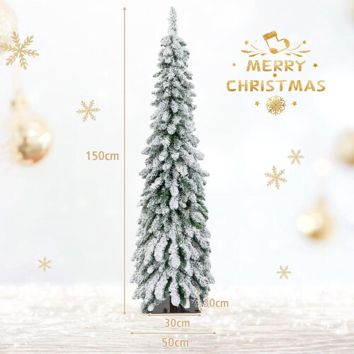 Costway 5 FT Pre-Lit Artificial Christmas Tree Snow-Flocked Slim Pencil Christmas Tree 1