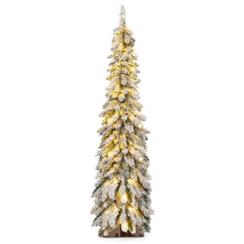 Costway 5 FT Pre-Lit Artificial Christmas Tree Snow-Flocked Slim Pencil Christmas Tree 2