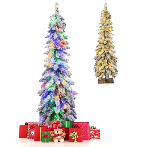 Costway 4 FT Pre-Lit Artificial Christmas Tree Snow-Flocked Slim Pencil Christmas Tree