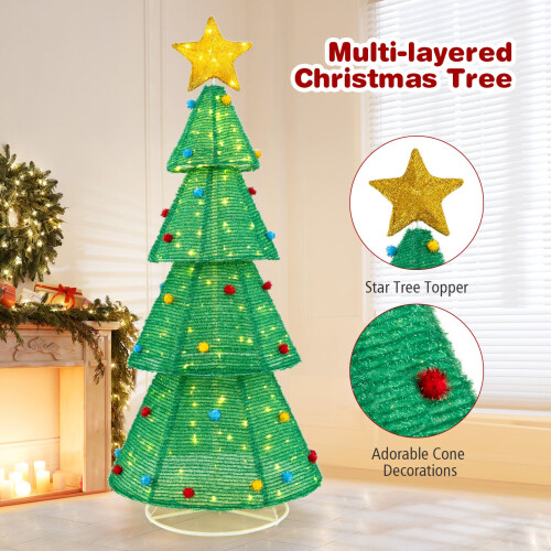 Costway 190 CM Collapsible Christmas Tree Tinsel Pre-lit Christmas Decoration 1