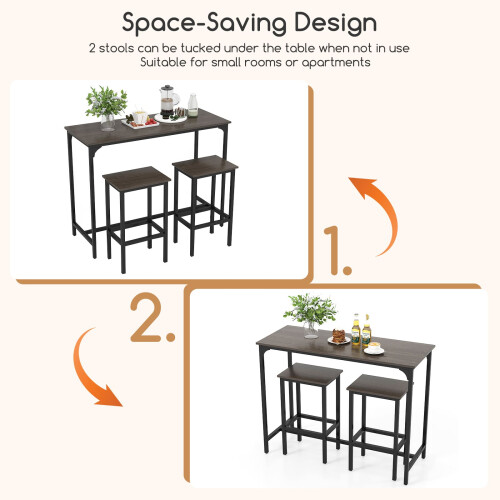 Costway 3Pcs Dining Table Set 2-Person Counter-Height Kitchen Table-Gray 1