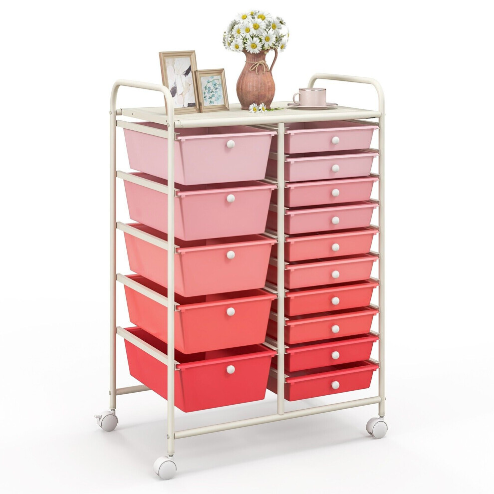 15-Drawer Storage Trolley Mobile Organiser Shelving Unit Utility Cart Gradient Pink