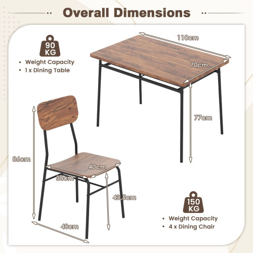 Costway 5Pcs Wood Square Kitchen Table & Chair Set Dining Table Set for 4-Brown 1