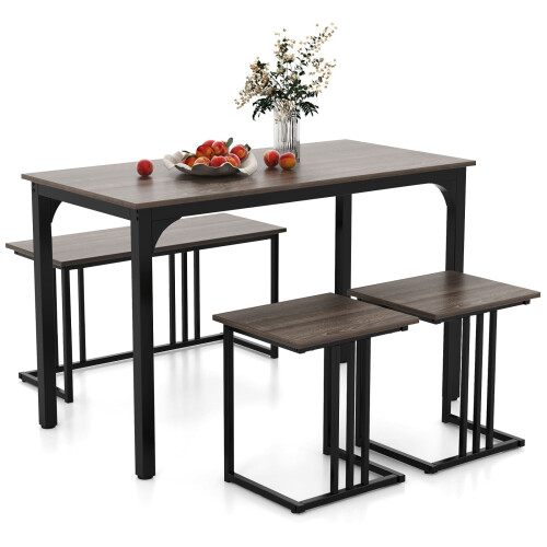 Costway 4-Piece Dining Table Set Industrial Dining Table W/ Bench & 2 Stools