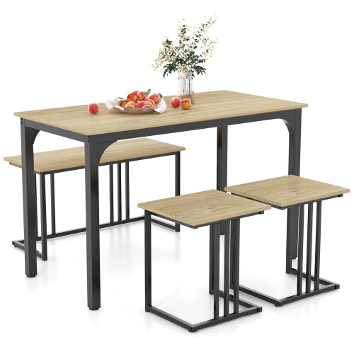 Costway 4-Piece Dining Table Set Industrial Dining Table W/ Bench & 2 Stools-Natural