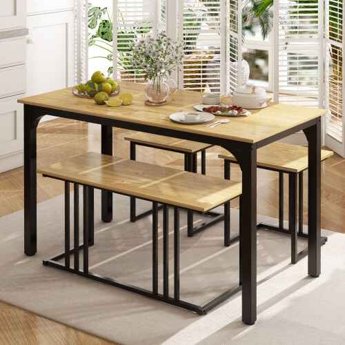 Costway 4-Piece Dining Table Set Industrial Dining Table W/ Bench & 2 Stools-Natural 1