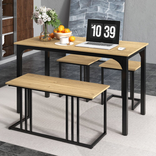 Costway 4-Piece Dining Table Set Industrial Dining Table W/ Bench & 2 Stools-Natural 2