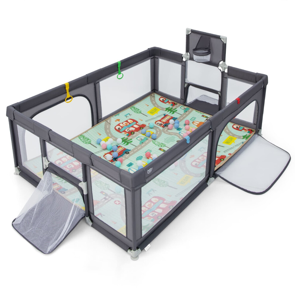 207 x 142 cm Large Baby Playpen Safe Play Yard w/ Basketball Hoop & Mat-Dark Grey