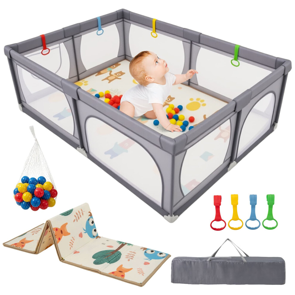 Baby Playpen 206 x 147cm Extra Large Baby Playard w/ Mesh Walls-Dark Grey