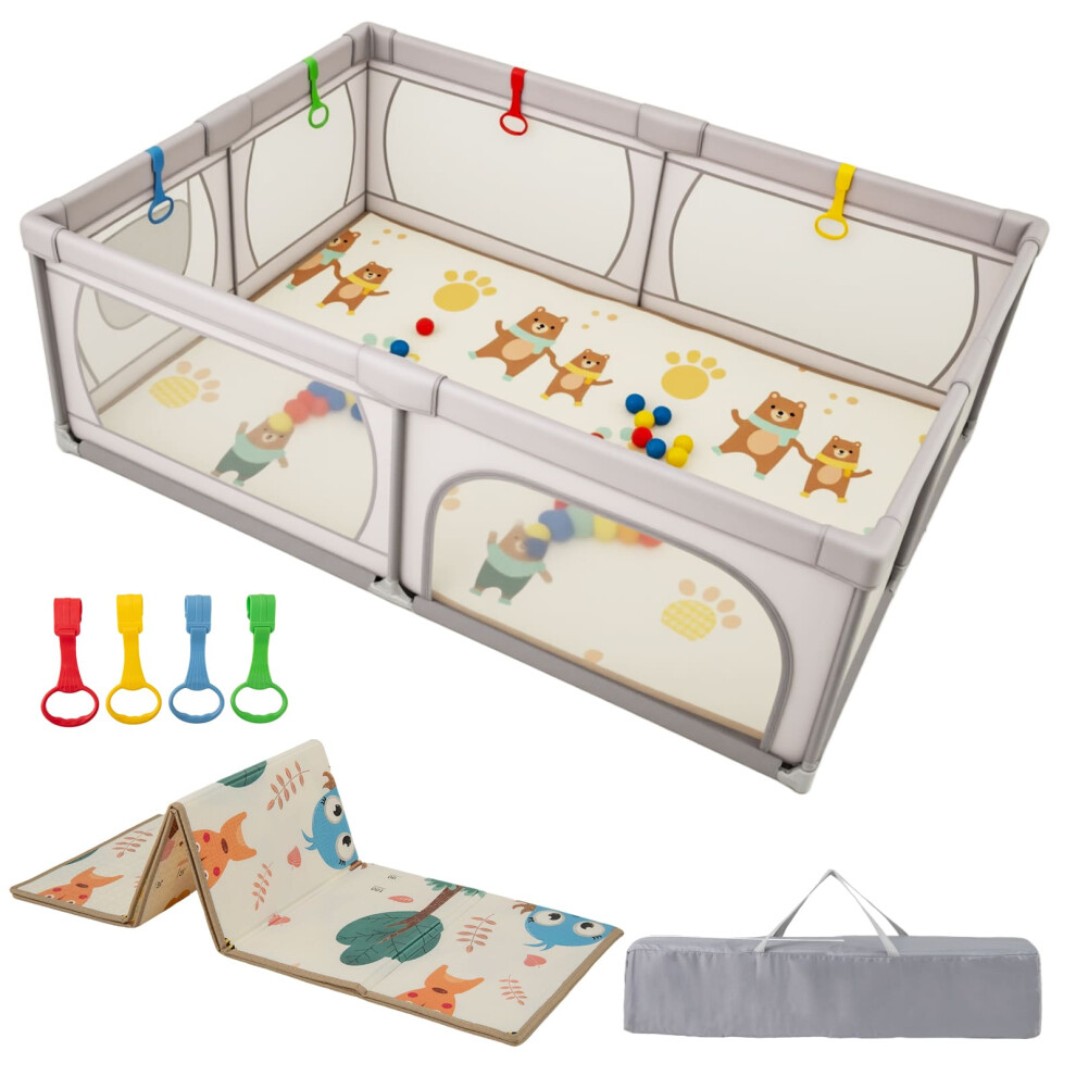 Baby Playpen 206 x 147cm Extra Large Baby Playard w/ Mesh Walls-Grey