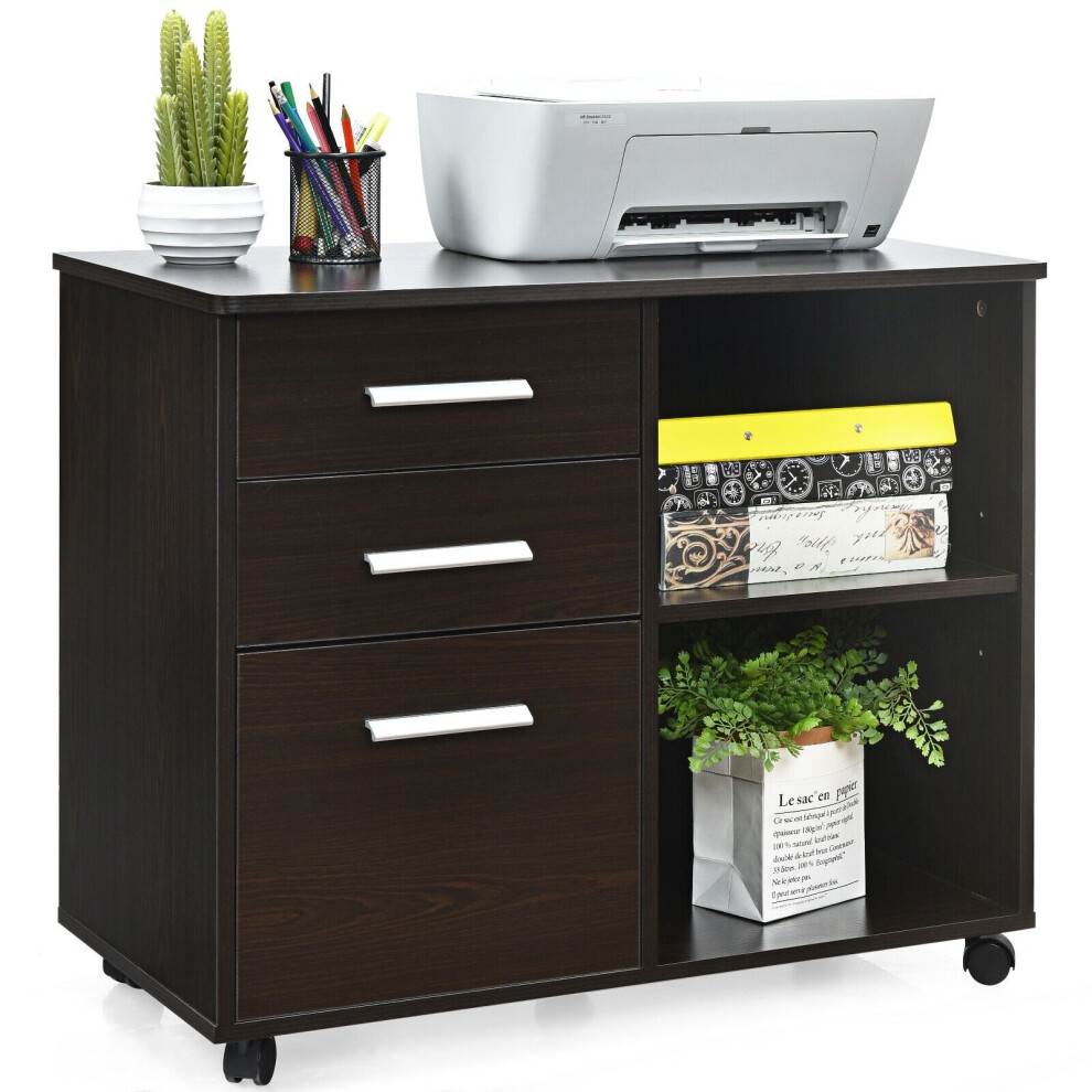 3-Drawer File Cabinet Mobile Printer Stand Lateral Filing Cabinet W/ Hanging Bars
