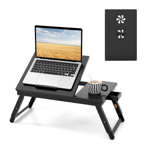 Bamboo Laptop Lap Tray with Adjustable Legs, 4-Position Tilt, Large Desktop, Drawer & Folding Design – Coffee