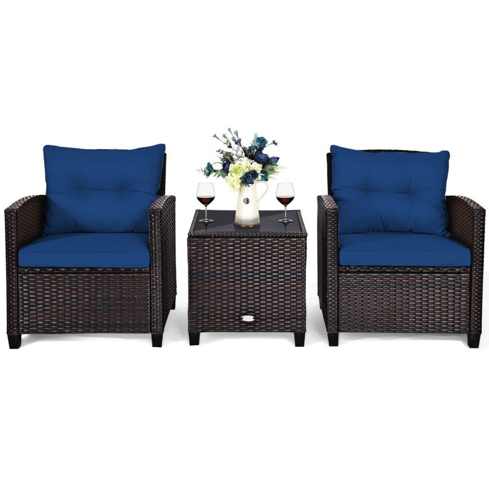 3 Pcs Patio Rattan Sofa Chair & Table Set Outdoor Wicker Bistro Set-Navy