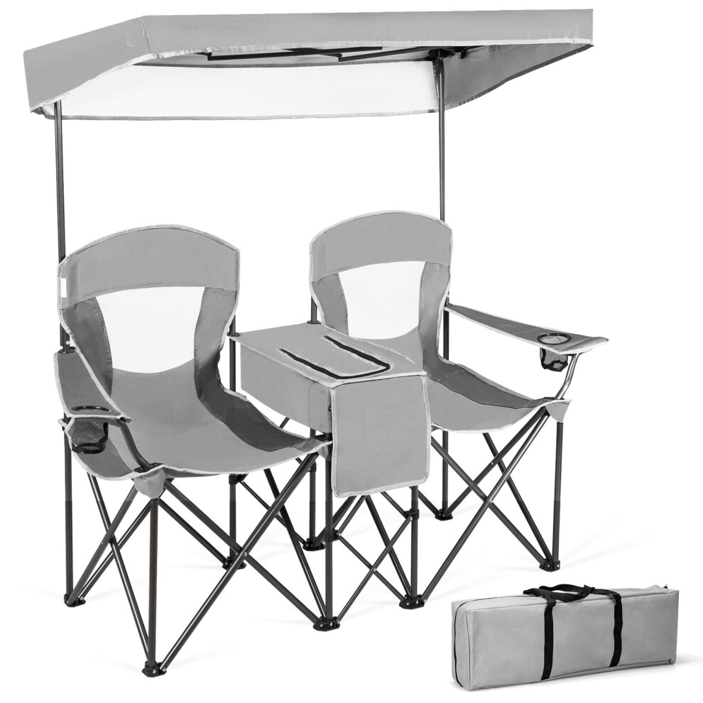 Double Sunshade Folding Chairs 2-Person Camping Fishing Chairs-Grey