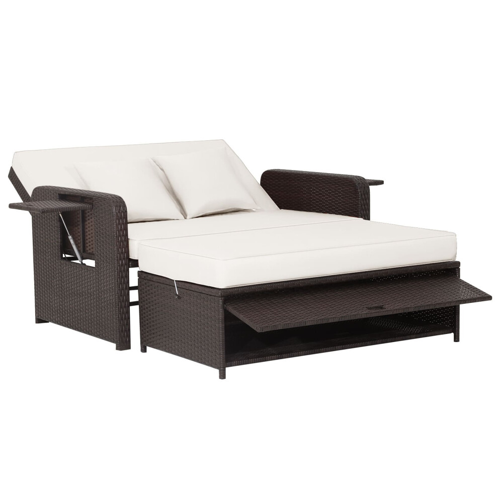 Patio Rattan Daybed Set Wicker Loveseat Sofa w/Ottoman & Side Tray-White