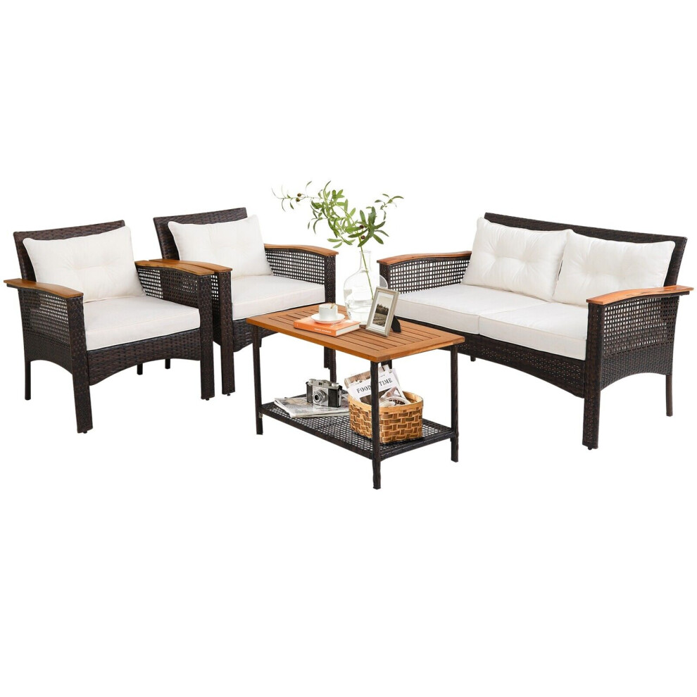 4 Pcs Outdoor Patio Furniture Set PE Rattan Patio Sofa Table Set
